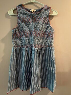 Matilda Jane Blue Striped Smocked Cotton Dress with Red Trim